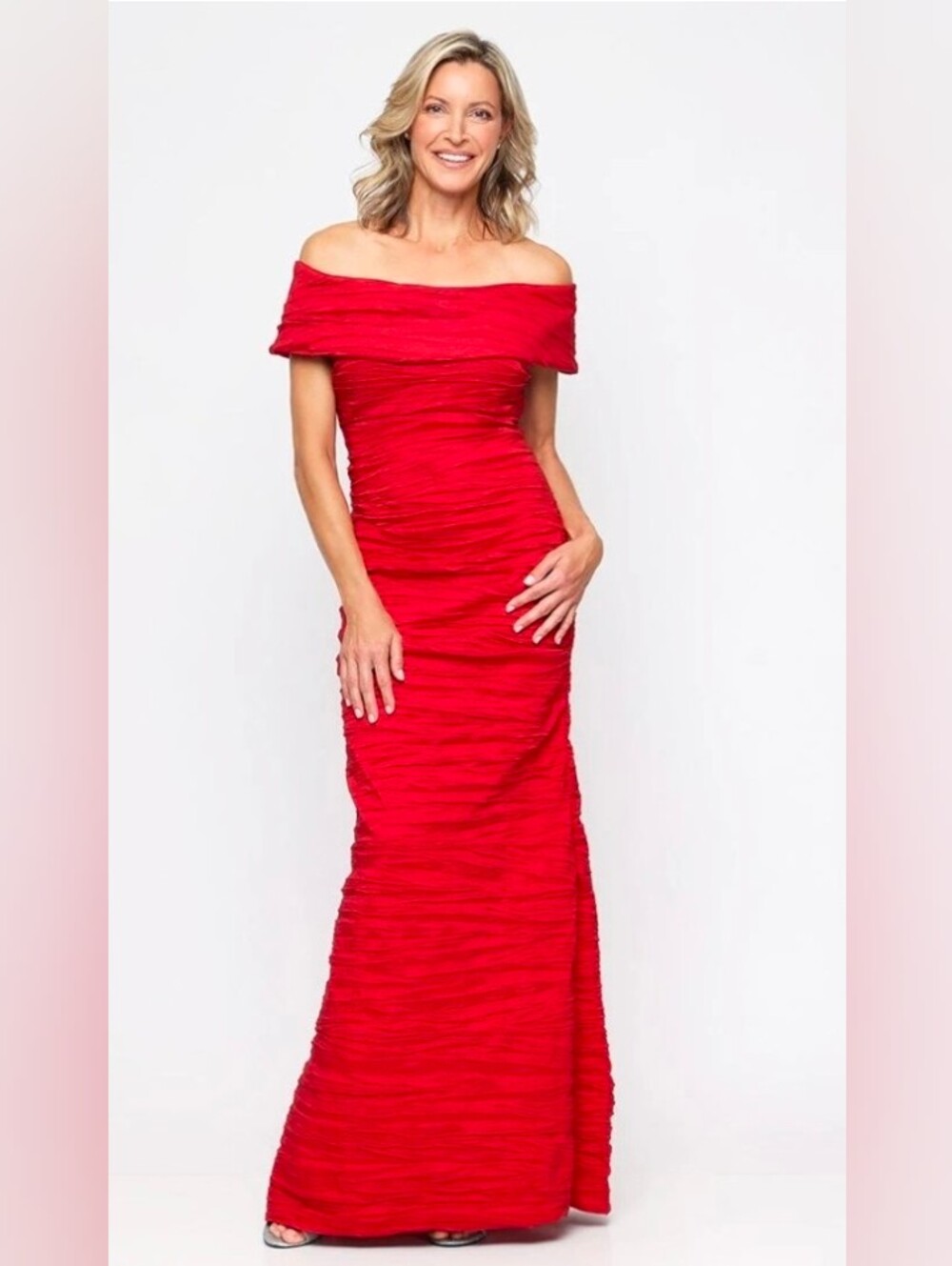 Alex Evenings Off-Shoulder Red Ruched Maxi Gown